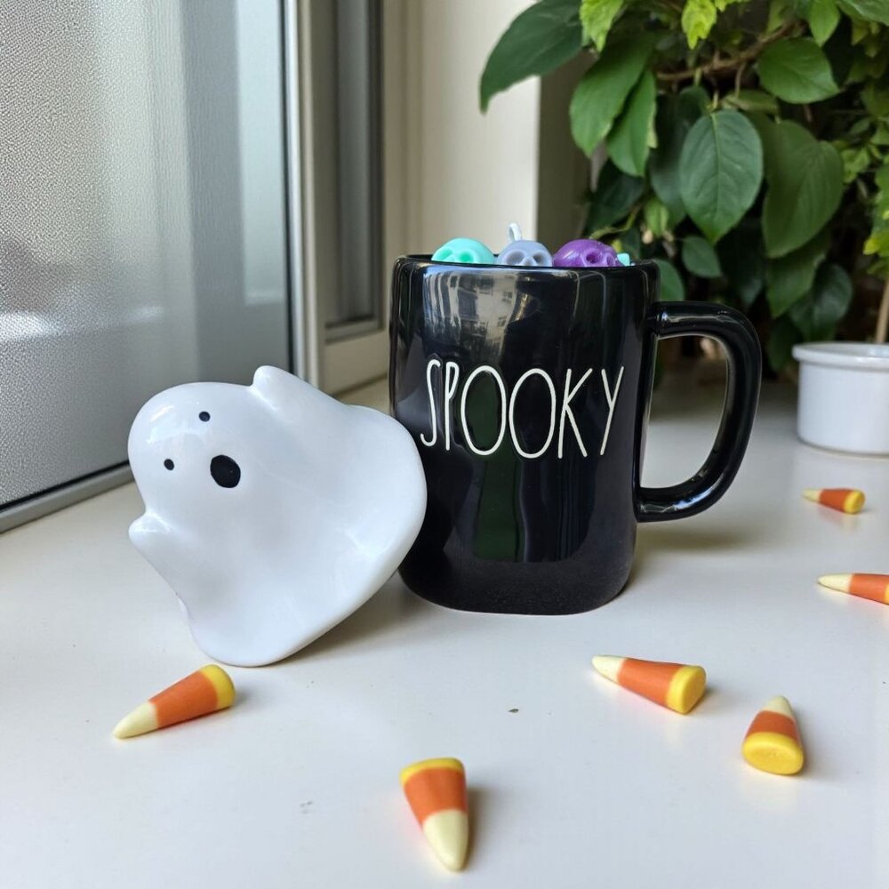 Rae Dunn ✦ Spooky Mug Candle ✦ XL Vanilla Soy Wax Skull & Bat Melts Ghost Lid